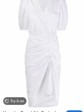 Veronica Beard White Ruched Button-Front Midi Dress